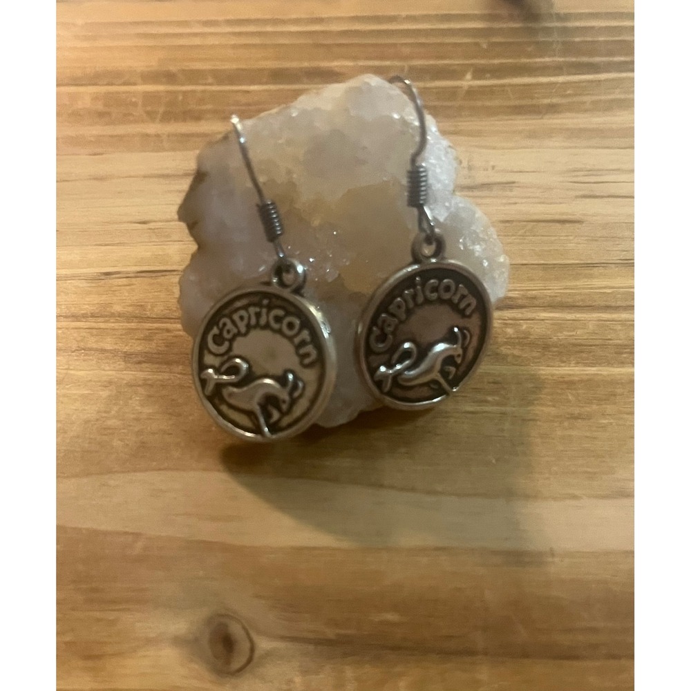 Antique Silver Capricorn Goat Zodiac Sign Stamped Metal Earrings-Boho -Gift -New - Picture 7 of 11